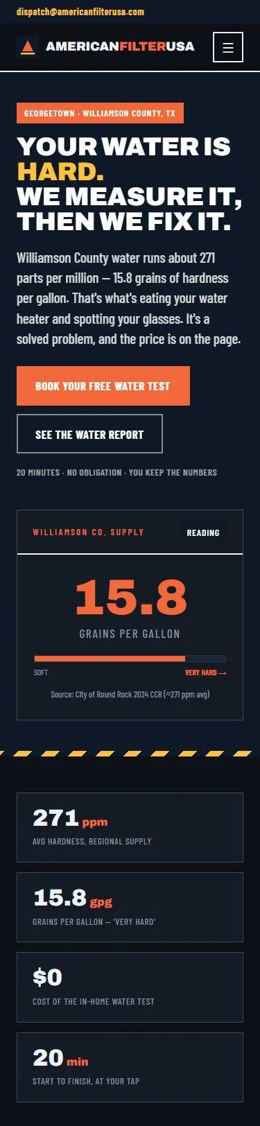 americanfilterusa.com on a phone: your water is hard, we measure it, then we fix it