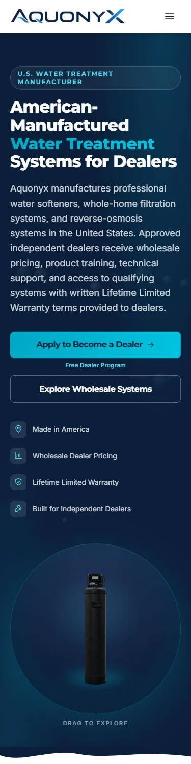 aquonyx.com on a phone: American-manufactured water treatment systems for dealers