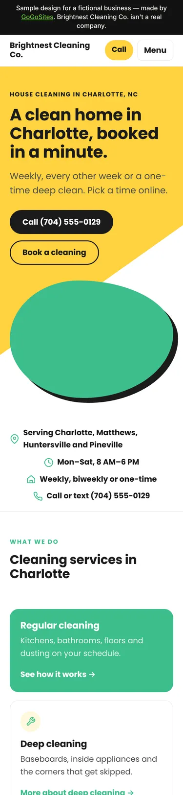 Sample design for Brightnest Cleaning Co., a fictional house cleaning business, on a phone