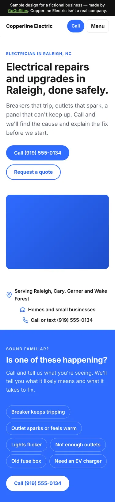 Sample design for Copperline Electric, a fictional electrician business, on a phone