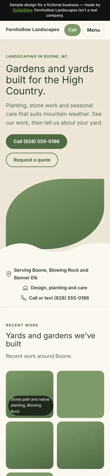 Sample design for Fernhollow Landscapes, a fictional landscaping business, on a phone