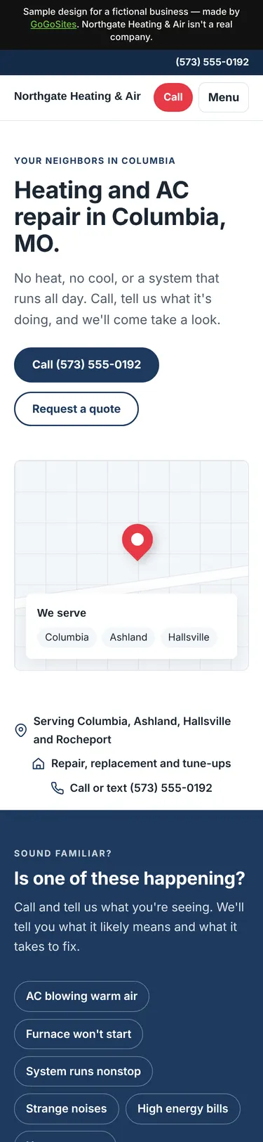 Sample design for Northgate Heating & Air, a fictional heating and air business, on a phone