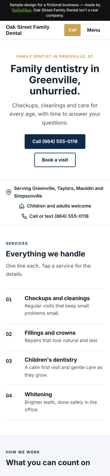 Sample design for Oak Street Family Dental, a fictional family dentist business, on a phone