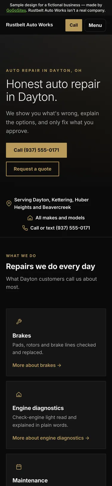 Sample design for Rustbelt Auto Works, a fictional auto repair business, on a phone