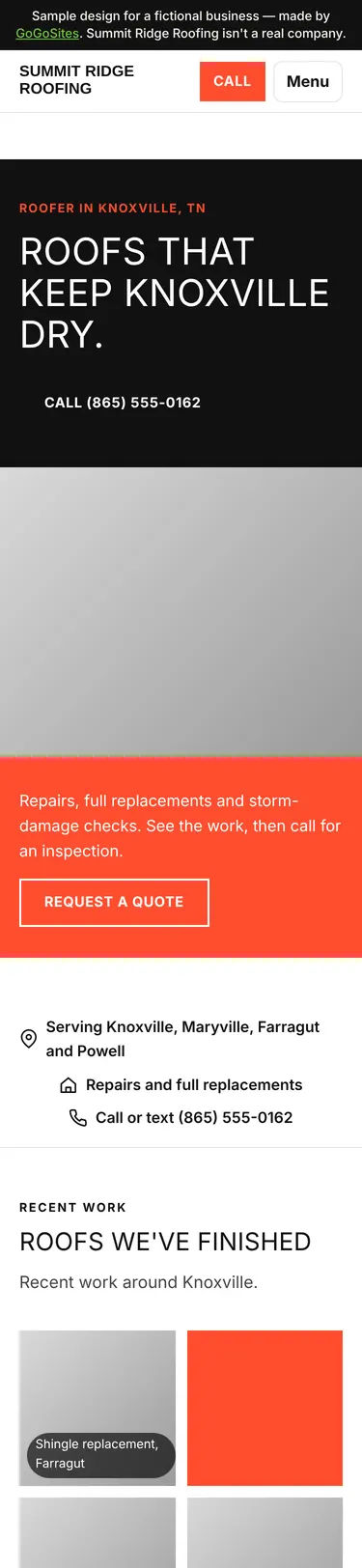 Sample design for Summit Ridge Roofing, a fictional roofer business, on a phone