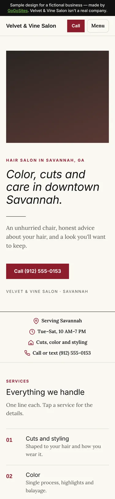 Sample design for Velvet & Vine Salon, a fictional hair salon business, on a phone